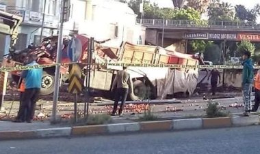 Freni boşalan domates yüklü kamyon köprüden uçtu